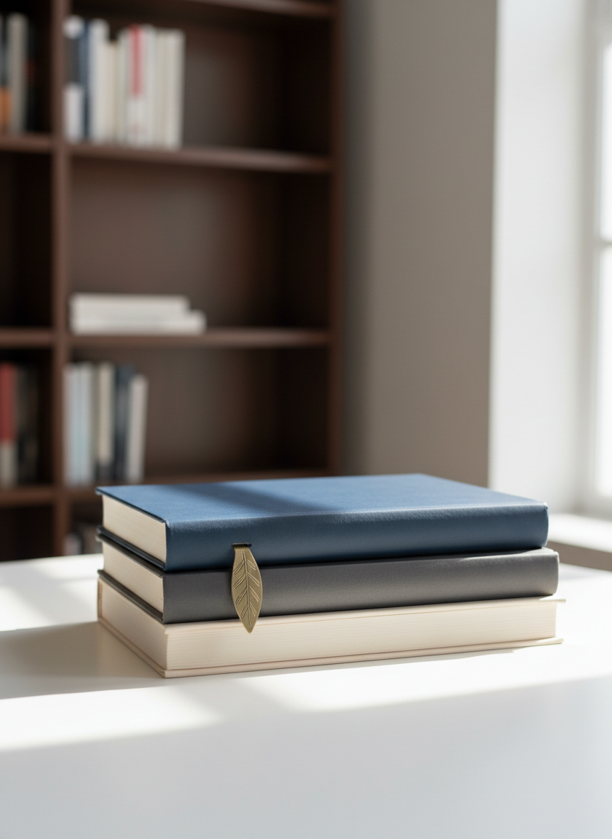 An elegant, minimalist stack of three hardcover books with plain, matte covers in muted navy, charcoal, and soft ivory, arranged on a clean white table. A subtle, engraved metal bookmark peeks from the middle volume, catching the light. Behind the stack, an out-of-focus backdrop suggests tall bookshelves and a large window. Soft, diffused daylight washes over the scene from the left, creating delicate highlights on the book edges and gentle shadows on the tabletop. Photographic realism, shot from a slightly elevated angle with rule-of-thirds composition, conveys a refined, professional mood suited to an author’s official website.