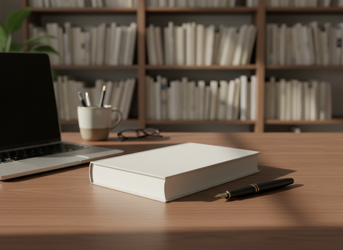 A neatly arranged writer’s desk in a quiet home office, featuring a closed hardback book with a blank dust jacket centered on a smooth walnut surface. Beside it rests a slim silver laptop slightly ajar and a black fountain pen with a gleaming nib. In the background, floor-to-ceiling bookshelves fade into a soft blur, filled with neutral-toned spines. Warm afternoon light filters through an unseen window, casting gentle, elongated shadows across the desk. Photographic realism, eye-level composition, and a shallow depth of field create a professional, calm atmosphere that feels like the polished workspace of a contemporary author’s official portfolio site.